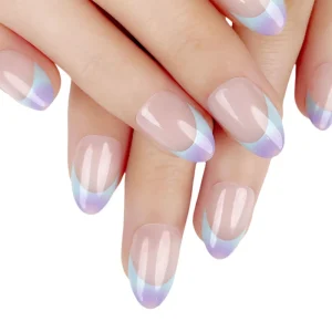 Dreamy Blue Purple Ombre French Oval Shape Glossy False Nails Artificial Finger Press on Nails