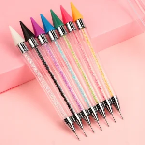 Dual End Rhinestone Picker Dotting Pen with 3 Extra Tips Stainless Steel Nail Brush Acrylic Handle Wax Pencil for Rhinestones
