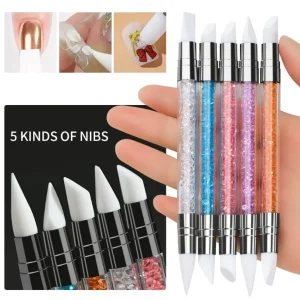 Dual-Tipped Silicone Nail Sculpture Pen Brushes Rhinestone Dotting Tools for Nail Polish Acrylic Carving Flat Manicure Tools