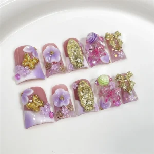 Duck Sweet Cool Purple Ombre 3D Flower Gothic Metal Acrylic Handmade Press on Nails