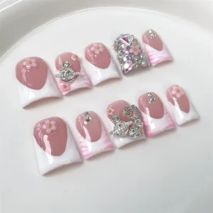 Duck Sweet Simple French Tip Full Bling Jelly Luxury Acrylic Handmade Press on Nails