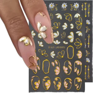 Elegant 3D Pink Gold Floral Petals Sakura Sliders Decals DIY Metallic Gold Line Spring Nail Stickers Foil for Manicure