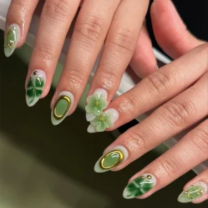Elegant ABS Press on Nails Medium Almond Shape with Floral & Gem Design Long Tips Finger Use No Salon Needed