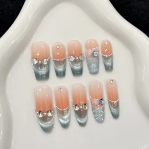 Elegant Blue French Cat Eye Checkered Ice clear Skin toned Hand painted Nail Art Handmade Press on Nail