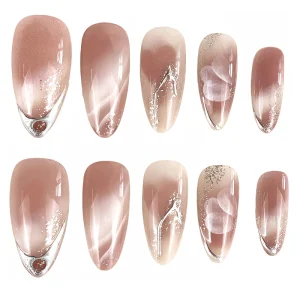 Elegant Blush Pink Gradient Press on Nails Long Stiletto Nails with Marble Silver Glitter Floral Accents