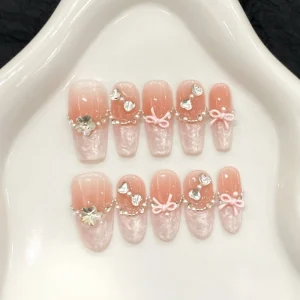 Elegant Handmade French Style Press On False Nails Shining Rhinestone Adhesive Nails for Artificial Fingernails