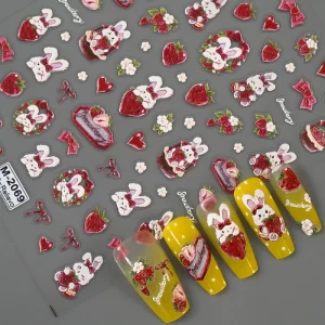 Embossed Cute Cartoon Rabbit Strawberry Bow Nail Art Stickers Decals Self-Adhesive Nail Stickers