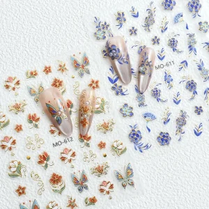Embossed/Flat Effect Blue Flower Nail Stickers Adhesives DIY Press on Nail Decal Beauty Products Manicure Decoration