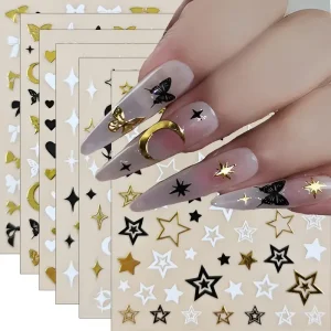 Embroidered 3D Golden Foil Nail Art Stickers Hearts Stars Butterflies Self Adhesive Plastic Nail Tech Supplies