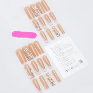 European American Fashion Press on Nails 24Pcs Long Coffin Nude Pink French Tip False Nails Butterfly