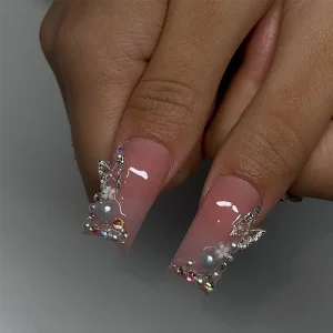 European American Style Long Coffin Press on Nails 24Pcs Nude Pink French Tip Nails Butterfly Rhinestones