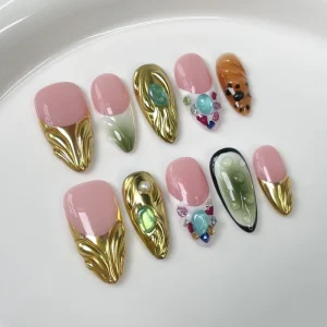 European style Almond Nails With Rhinestones French Almond Nails Artificial Fingernails