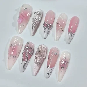 Factory 24pcs 3D Starfish Press on Nails French Tip Ice Flower Dot Design False Nails with Glue