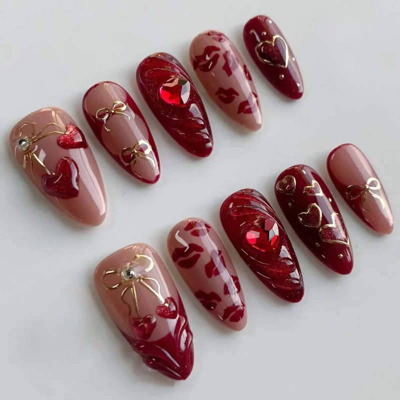 Factory Direct 3D Cat Eye Heart Cherry Bowknot French Press on Nails 24PCS ABS Nail Tips for Women Daily Use Nail Art Decoration