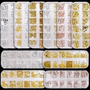 Factory Direct Mini 12 Grids 3D Metal Nail Studs Star Heart Frame Rivets Decoration Nail Art Rhinestones for Salon