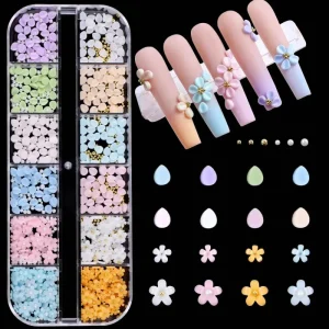Factory Direct New Arrival 12 Grid Box 3D Resin Five Petal Flower Nail Art Decoration Mixed Rhinestones Gold Beads Nail Decors