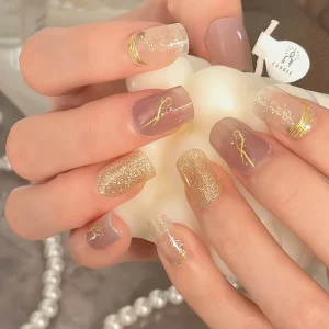 Factory Direct Sale Golden Glitter 16pcs Non Toxic Waterproof Semi Cured UV Polish Gel Nail Strip Sticker Long Lasting & Hot Art