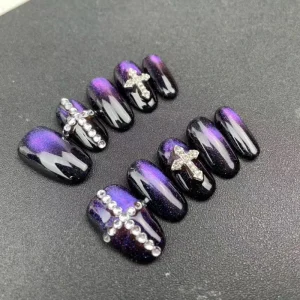 Factory Handmade Nail Almond Shape High Quality Purple Cool Cat Eye Reusable