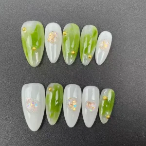 Factory Handmade Press-on Nails, Summer Green Almond Shape Style, Reusable