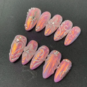 Factory High quality Handmade Press on Nails Almond Shape 3D Carving Aurora Color Scheme Reusable