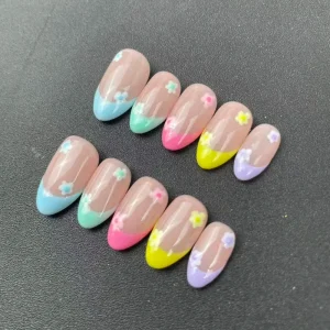 Factory High quality Handmade Press on Nails Almond Shape Hand painted Small Flowers Colorful French Style reusable