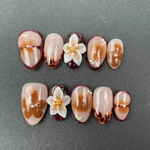 Factory High quality Handmade Press on Nails Almond Shape Summer Coffee Color Carved Style Reusable