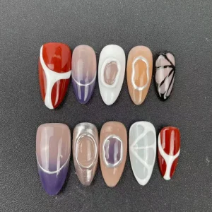 Factory High quality Reusable Press on Nails Almond Shape Dark Style Colorful Hand painted Designs