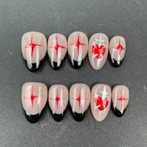 Factory High quality Reusable Press on Nails Almond Shape Dark Style Hand painted French Tips