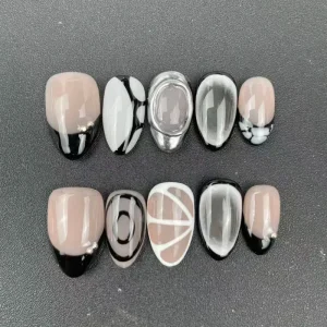 Factory High quality Reusable Press on Nails Almond Shape Dark Style Metal Cross Design