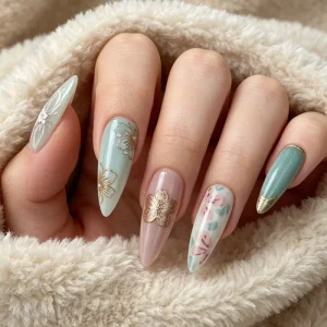 Factory Long Stiletto Floral Press on Nails Gold Foil Flower Pearl Reusable Custom False Nails Manufacturer