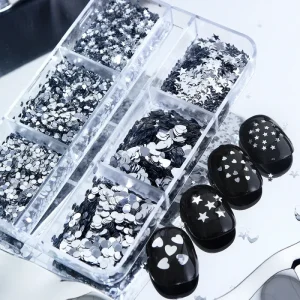 Factory Nail Decoration 6 Grid Silver Heart shaped Star Nail Art Accessories for Valentine’s Day Nail DIY