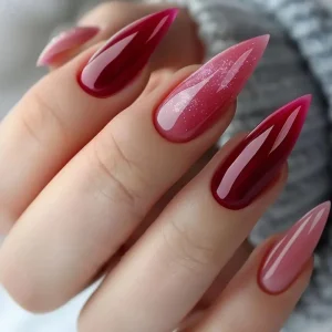 False Artificial Nails Shiny Red Gradient Glitter Long Stiletto Full Cover Almond Press On Nails 24pcs