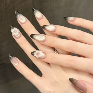 False Finger Pink Black French Style Carving Flowers Cat’s Eye Medium Almond Press on Nail Artificial Fingernails