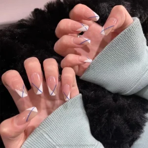 False Finger Pink French Style Oblique White Medium Ladder Type Press on Nail Artificial Fingernails