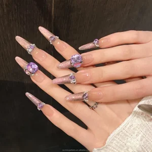 False Finger Purple French Style Cat’s Eye Diamond Pearl XL Coffin Press on Nail Artificial Fingernails