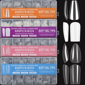 False Fingernails Press On Nail Art 600pcs Short Full Cover Clear White Flat Square Almond Soft Gel Nail Tips