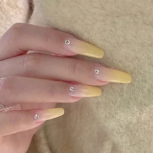 False Nails 24pcs Medium Gradient Yellow with Diamond Stick on Fake Nails Packaging Press on Nails