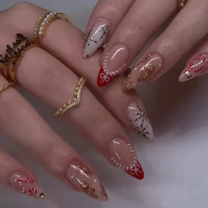 False Nails Bow French Stilettos Faux Press Ons with Designs and Stickers New Nail Art Christmas False Nails