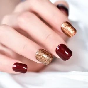False Nails Gold Glitter Wine Red Square Short Length Glossy Acrylic Press on Nails