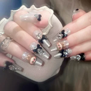 False Nails Luxury Handmade Medium Coffin Cartoon Labubu Designed Press on Nails With 3D Charms