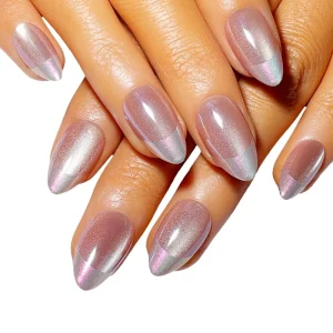 Fashion Shimmery Aurora Pink Glazed Cat Eye French Tip Almond Artificial Fingernails Press on Nails