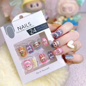 Fashionable Finger Nail Art 24pcs Box Kawaii Luxury Handmade Labubu Cartoon Short Square Press on Nails