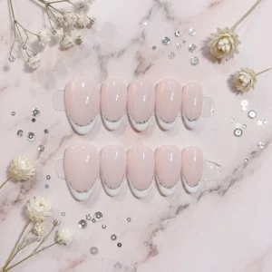 Finger Chrome French Glazed Press on Nails Jelly Glitter Ombre ABS Full Cover Long Tips Almond Handmade False Nails