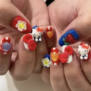Flower Cartoon Japanese Plaid Minimalist Kitty Cute Acrylic False Artificial Tips Art Press on Nails
