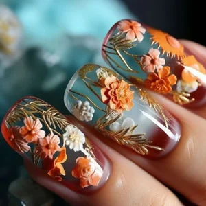 Flower Press on Nails Square False Nail Gradient Glitter Floral Fake Tip French Press Ons Ballet False Nails 3D Fake Tips