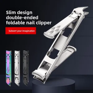 Foldable Double Head Nail Clipper Set Portable Anti Splash Stainless Steel Nail Cutter with Curved and Straight Blades for Travel