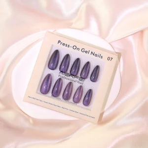 For Long Almond Full Cover False Nails Tips Purple Cat Eye ABS CE Certified Press Fingers OEM Private Label Glitter Stick