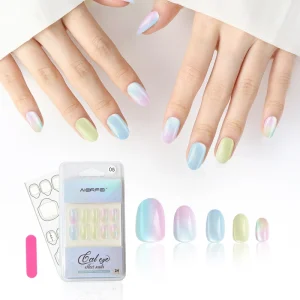 For Professional 24pcs Oval Fashionable Design ABS Material False Nails for Salon Rainbow Cat Eye Press Nails Glue