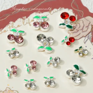 Free Logo 3D Cherry Nail Art Charms Manicure Rhinestones in Red Pink Clear Crystal Metal Flat Back Decoration