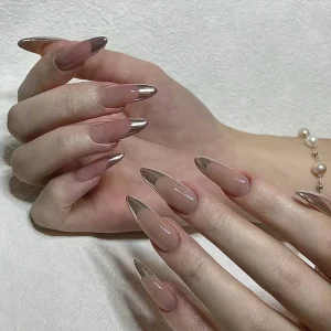 French Almond Shape Plastic Press Nails for Finger Custom Logo Private Label Medium Length Elegant Vignetting Rose